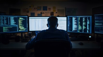 Programmer working late at night, surrounded by multiple computer screens displaying lines of code.  Image depicts dedication and hard work in software development.
