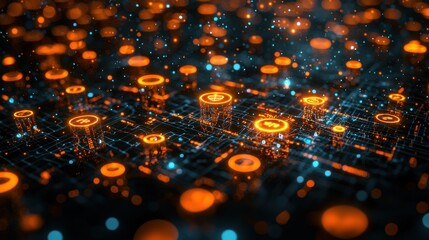 Abstract network with glowing orange cylinders and blue lights on a grid