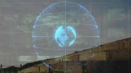 Wall Mural - glowing digital globe animation over landscape with cliffs and sky
