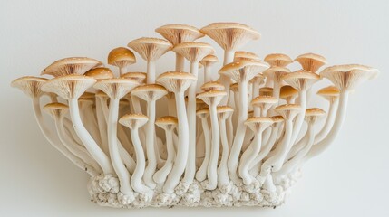 Wall Mural - Cluster of mushrooms, caps tan, stems white, against a clean white backdrop