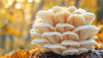 Wall Mural - Cluster of white mushrooms on log, autumn background
