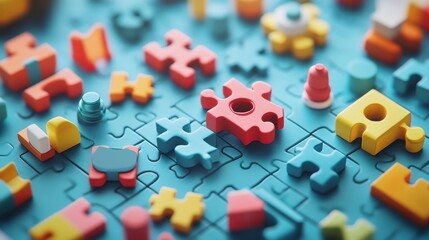 Colorful Puzzle Pieces on Blue Background for Creative Concepts