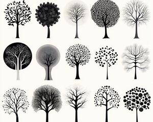Monochrome tree illustrations; design elements; white background; graphic design; website use