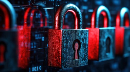 digital fortress: security padlock array illuminated by binary code matrix