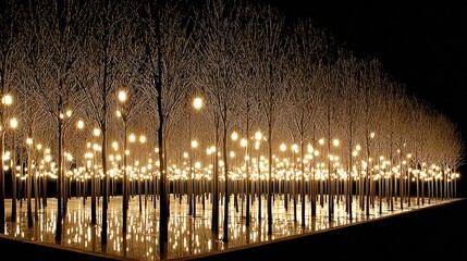 Wall Mural - row of bare trees lined with warm lights reflecting in water at night in a conceptual park scene