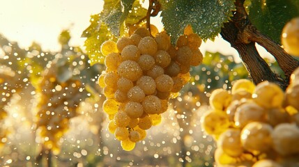Wall Mural - glistening grapes on vine, bathed in sunlight with water droplets, close-up