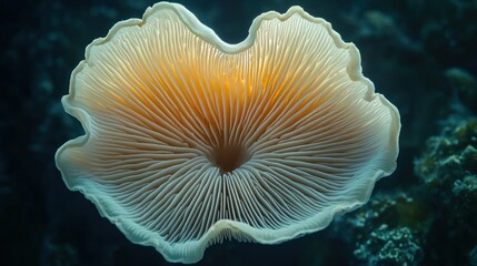 Wall Mural - Mushroom's textured gills radiate from central point, against dark backdrop