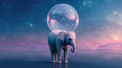 Wall Mural - a conceptual art piece of a gentle elephant lifted by a transparent glass-like balloon, calm express