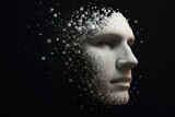 Abstract 3D face formed from white cubes dissolving into space, symbolizing digital identity and transformation, ideal for tech, AI, or futuristic concept visuals