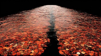 Wall Mural - river of autumn leaves, red and brown textures. dark background, center focus light