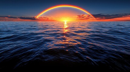 Wall Mural - Sunset ocean view with a rainbow arching over the horizon and reflective water