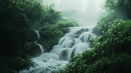 Wall Mural - waterfall cascading through lush green vegetation creating a serene natural scene.