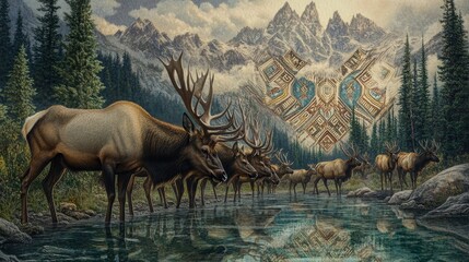 Wall Mural - elk herd drinking water in a mountainous landscape with trees and cloudy sky.