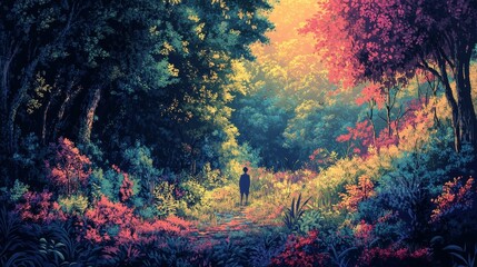 Wall Mural - colorful forest landscape with trees flowers and a figure in the distance.