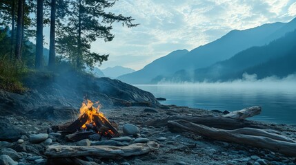 Wall Mural - campfire burning near a lake with mountains and trees under a cloudy sky.