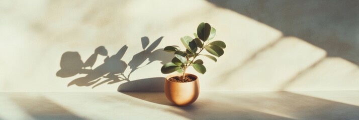 Poster - Minimalist Indoor Plant Styling Sunlit Copper Pot with Lush Green Foliage - Biophilic Design Trend for Modern Workspace Wellness and Productivity