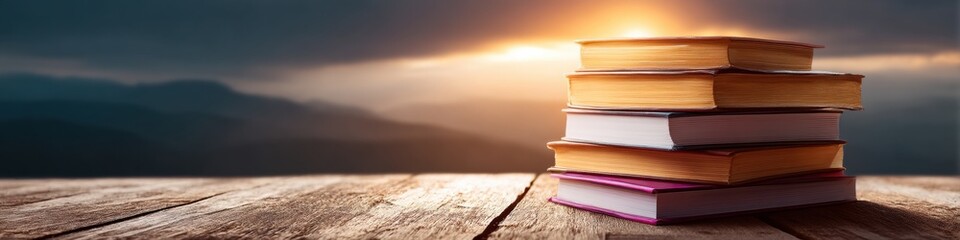 Fototapete - Transformative Learning Horizon Minimalist Book Stack on Rustic Wooden Surface - Inspiring Educational Content for Digital Knowledge Seekers and Lifelong Learners