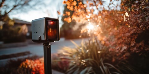 Poster - Urban AI Security Compact Smart Sensor Technology with Autumn Aesthetic - Intelligent Perimeter Protection for Smart City Infrastructure and Advanced Surveillance Solutions