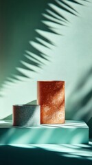 Poster - Minimalist Podium Design Terracotta and Concrete Geometric Platforms with Botanical Shadow Play - Modern Product for Premium Brand Storytelling