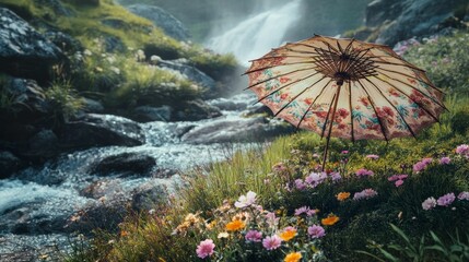 Wall Mural - waterfall flows through a lush green landscape with an umbrella in the foreground.