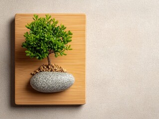Poster - Minimalist Zen Meditation Wall Art Eco-Friendly Bonsai and Stone Composition for Wellness Branding, Mindful Living and Sustainable Interior Design Trends