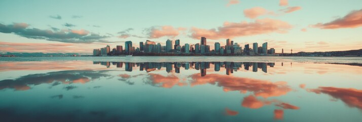Leinwandbilder - Urban Serenity Montreals Twilight Cityscape - Reflective Smart City Visualization, Sustainable Waterfront Development and Architectural Innovation Panorama