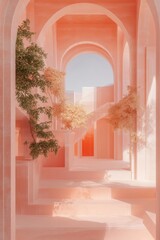 Poster - Ethereal Coral Architectural Dreamscape Minimalist Arched Corridor with Soft Botanical Accents - Tranquil Design Exploring Sensory Wellness and Spatial Harmony