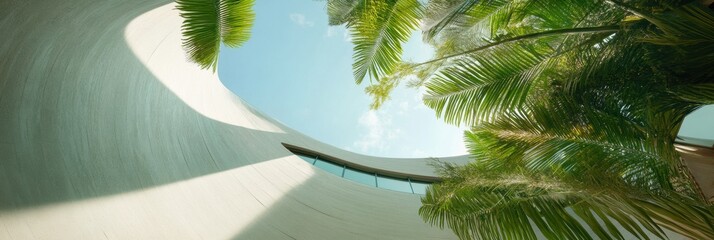 Poster - Minimalist Tropical Architecture Curved Concrete Oasis with Palm Shadows - Contemporary Design Meets Sustainable Landscape Innovation for Wellness Environments