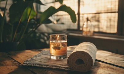 Aufkleber - Mindful Minimalism Rustic Wellness Sanctuary with Botanical Candle and Eco-Textured Yoga Mat - Tranquil Self-Care Aesthetic for Holistic Living Professionals