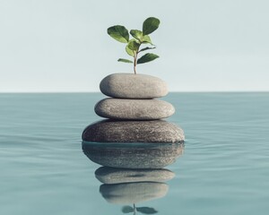 Aufkleber - Zen Mindfulness Meets Digital Wellness Minimalist Balanced Stone Stack with Nurturing Green Leaf - Holistic Stress Management and Eco-Conscious Mental Health Imagery