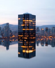 Leinwandbilder - Urban Alchemy Reflective Architectural Minimalism Capturing Twilight Cityscape - Innovative Design Visualizing Modern Global Business Connectivity