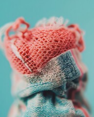 Poster - Textural Fusion Macro Knit Elegance Revealing Sustainable Fabric Innovation in Soft Coral and Oceanic Blue Tones - Next-Gen Textile Design