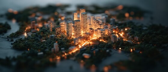 Fototapete - Miniature Smart City Visualization Tilt-Shift Urban Connectivity Showcase - Innovative Municipal Planning and Sustainable Infrastructure Design for Future Metropolis