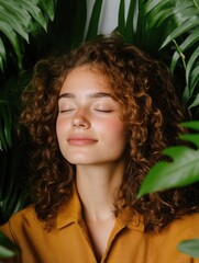 Aufkleber - Serene Wellness Aesthetic Mindful Gen Z Woman Embracing Biophilic Design with Soft Natural Light, Green Botanical Meditation and Holistic Self-Care Visualization