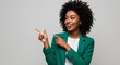 © Tiaga - Young black woman pointing to the left, publicity photo.
