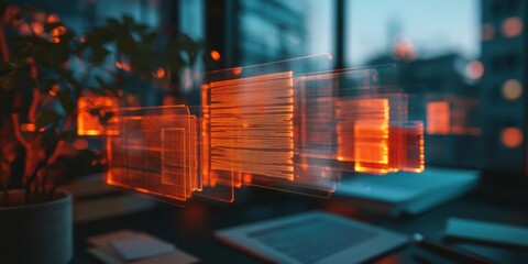 Fototapete - Holographic Workspace Transformation Immersive Digital Organization with Translucent AR Filing Systems - Next-Gen Productivity Visualization for Tech-Enabled Professional Environments