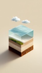Poster - Minimalist Climate Tech Visualization Isometric Layered Landscape Showcasing Geological Depth, Environmental Design, and Sustainable Innovation for Digital Storytelling