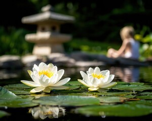 Aufkleber - Mindful Zen Sanctuary Tranquil Water Lotus Meditation Experience - Immersive Wellness Architecture and Biophilic Design for Urban Stress Recovery