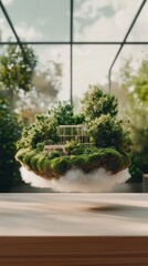 Poster - Floating Eco-Urbanscape Minimalist Suspended Architectural Microcosm Showcasing Biophilic Design and Sustainable Urban Ecosystem Innovation