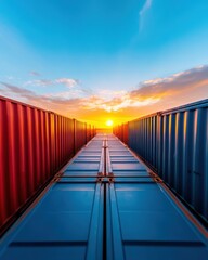 Fototapete - Global Logistics Horizon Innovative Supply Chain Connectivity Showcasing Advanced Shipping Infrastructure with Symmetrical Containers at Golden Sunset