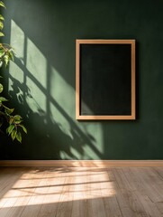 Poster - Minimalist Green Sanctuary Botanical Shadow Play with Natural Light and Wooden Frame - Contemporary Interior Design Wellness Aesthetic