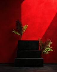 Poster - Dramatic Minimalist Product Display Sleek Black Podium with Tropical Palm Accents - Avant-Garde Marketing Showcase for Premium Brand Storytelling