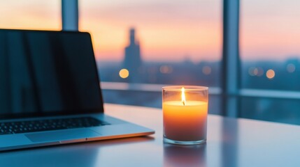 Poster - Mindful Productivity Aesthetic Serene Home Office Wellness Ritual with Sunset Ambiance - Digital Minimalist Workspace Design for Creative Focus and Mental Clarity