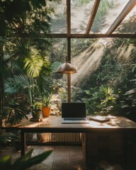 Poster - Biophilic Workspace Design Sunlit Botanical Home Office with Panoramic Nature View - Inspiring Remote Work Sanctuary for Digital Professionals
