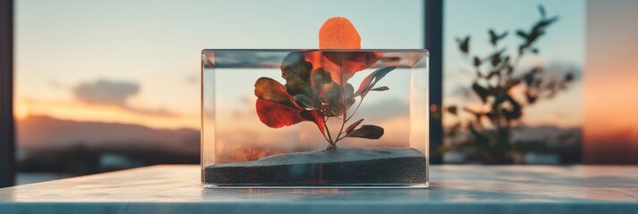 Poster - Minimalist Botanical Preservation Translucent Glass Terrarium Capturing Autumn Leaf Elegance with Sunset Horizon - Eco-Design Visualization of Natural Tranquility