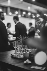 Poster - Dynamic Professional Networking Atmospheric Black and White Corporate Event Scene with Elegant Glassware and Soft Bokeh Lighting - Innovative Business Connection Moments