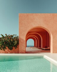 Poster - Terracotta Tranquility Minimalist Mediterranean Wellness Architecture Showcasing Architectural Meditation Spaces with Organic Pool Design and Archival Aesthetic