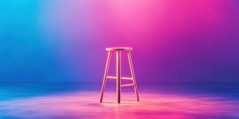 Aufkleber - Minimalist Performance Staging Retro Wooden Stool Under Vibrant Chromatic Lighting - Creative Space Design for Immersive Digital Content Production