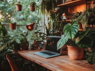 Poster - Biophilic Home Office Retreat Rustic Wooden Workspace with Lush Greenery - Sustainable Remote Work Design Inspiring Wellness and Creativity