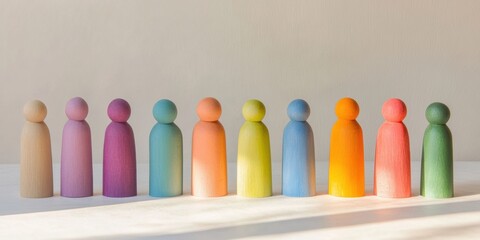 Aufkleber - Inclusive Design Spectrum Pastel Wooden Figurines Symbolizing Workforce Diversity, Equity, and Collaborative Team Dynamics in Modern Organizational Culture